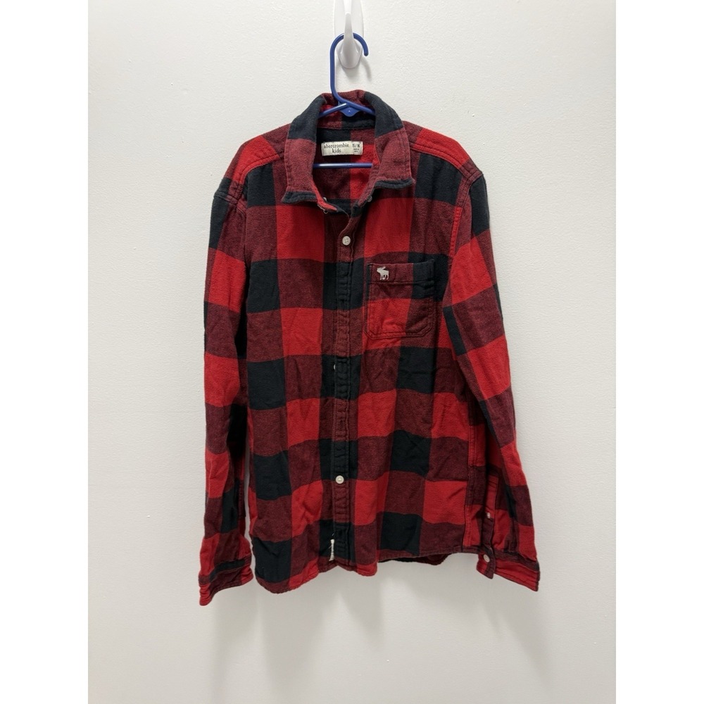 Abercrombie Kids Boys Flannel Shirt Red Black Buffalo Plaid Button Up Size 15/16